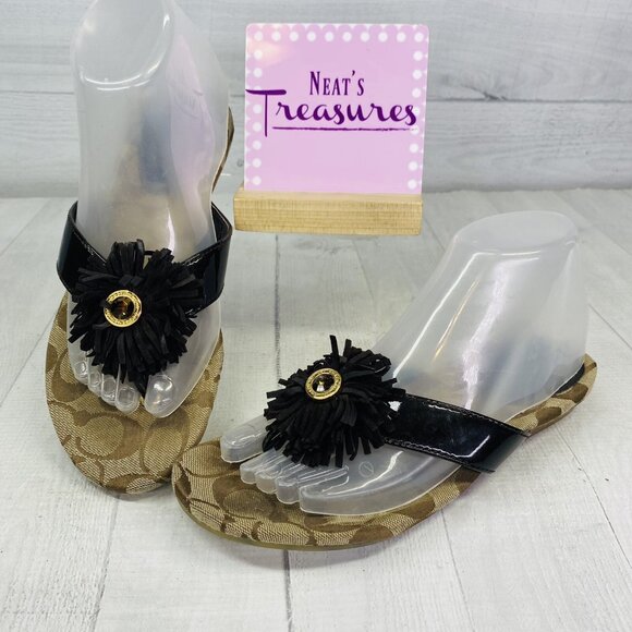 Coach Woman SUKI Leather Brown Khaki Logo Fringe Flower Flat Slide Sandals Sz 7 - Picture 2 of 14